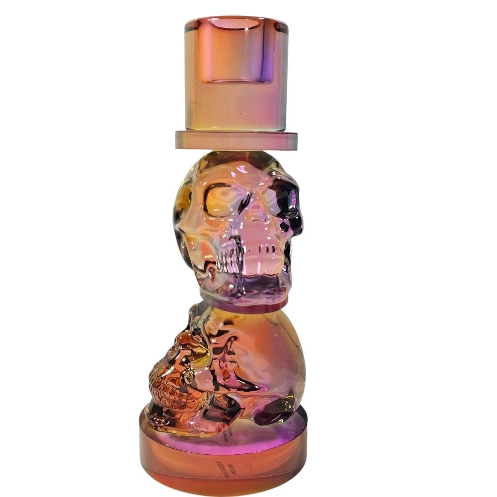 Tahari Multicolored Crystal Glass Skull Candle Holder NWTs